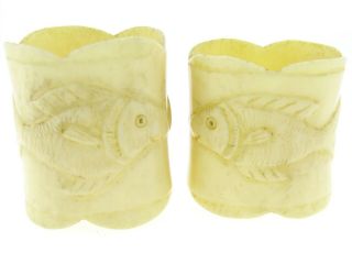 Old Vintage 2 Napkin Holders With Engraving Of Fish From Bone Handmade