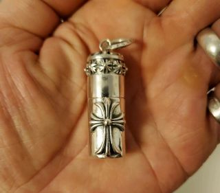 Vintage Sterling Silver Chrome Hearts Cross Pendant Cyl Opens Pillbox 25 Gms