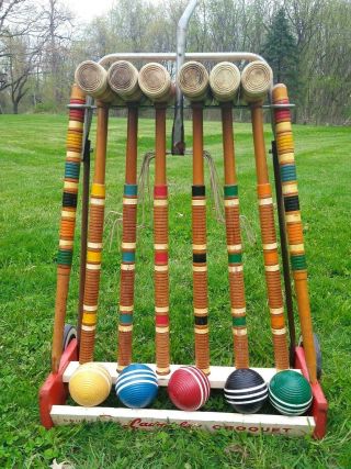 Vintage Early South Bend Lawnplay Wooden Croquet Set Wheeled Stand Striped Balls