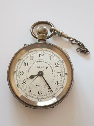 Vintage Liga Swiss Pocket Watch,  Stop Watch,  Best Center Seconds Chronograph