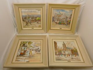 Vintage 4x Charles Nicoise Framed Oil Painting Tile European French Street Scene