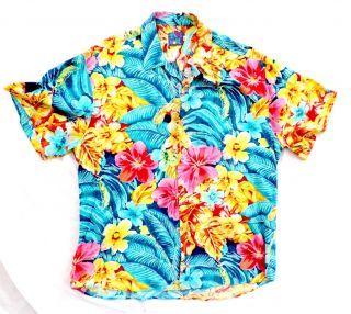 Vtg Jams World Rayon Hawaiian Shirt Xl Multi Color Polynesian Flowers Colorful