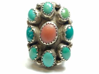 Vintage Men ' s Native American Sterling Silver Turquoise & Coral Ring - Size 11 2