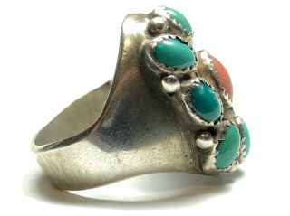Vintage Men ' s Native American Sterling Silver Turquoise & Coral Ring - Size 11 3