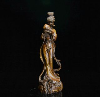 Collectable China Antique Boxwood Carve Fairy Hand Hold Peach Bring Luck Statue