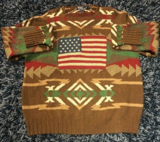 Vintage Polo Ralph Lauren Hand Knit Sweater Indian Aztec Native Country Flag L