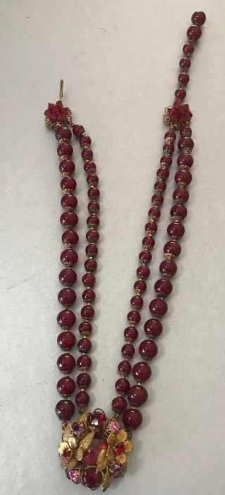 Rare Vtg 16” Signed Demario Cranberry Glass Rhinestone Necklace Estate Find Nr