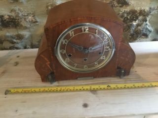 Vintage Art Deco Walnut Inlaid Mantel Chiming Foreign German Clock