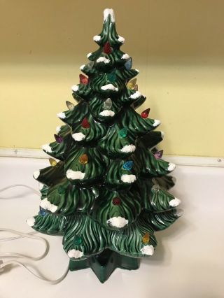 Vintage Atlantic Mold Ceramic Christmas Tree Music Box Lights Up Flocked