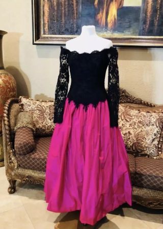 Vintage Ricco Antonio Off Shoulder Black Lace Hot Pink L/s Gown Saks Fifth Ave