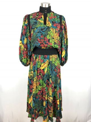 Diane Freis Vintage Vibrant Jungle Print Blouson Dress With Belt Medium Large
