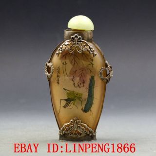 Tibet Silver Butterfly Armor Glass Hand - Painted Cricket Snuff Bottles L54