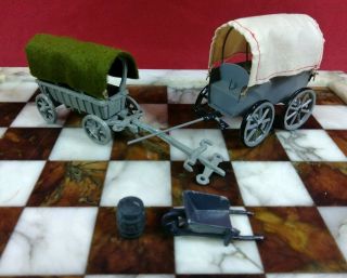 Vintage Lead And Tin Wagons And Wheel Barrow With Barrel