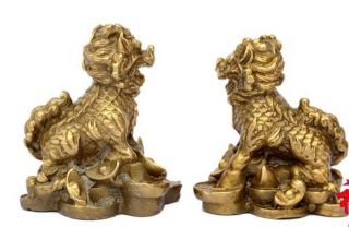 Chinese Brass Money Wealth Yuan Bao Kylin Dragon Beast Statue Pair