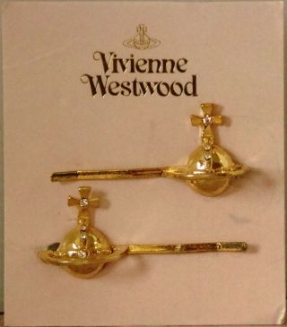 On Card Vintage Vivienne Westwood Pair Hair Pins W.  Logo Goldtone