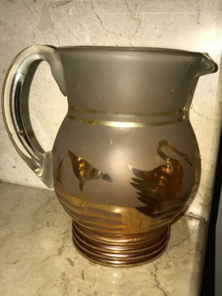 SWAN DUCK & LOTUS FLOWER Antique Frosted Marigold Carnival Glass Jug 1920s JAIN 2