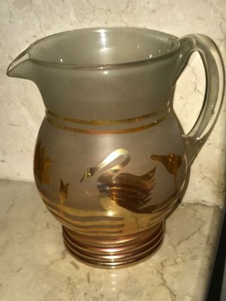 SWAN DUCK & LOTUS FLOWER Antique Frosted Marigold Carnival Glass Jug 1920s JAIN 5