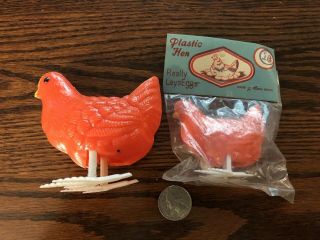 2 Vintage 50s 60s Hard Plastic Mechanical Chicken Hen Egg Laying Easter Toys