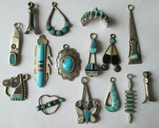 Group Of 15 Vintage Navajo Zuni Sterling Silver & Turquoise Charms