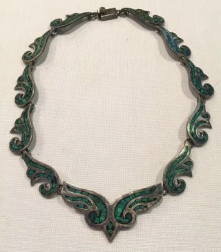 Taxco Mexico Sterling 925 Malachite Inlay Collar Choker Necklace 68gr 16.  5 " Vtg