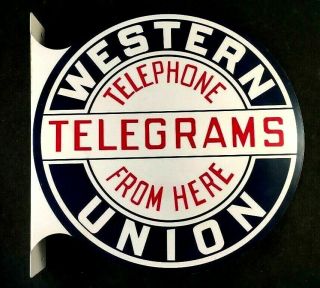 Vintage Western Union Telegrams Telephone Flange Sign Rare Old Advertising 1950s
