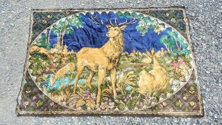 Large Vintage 69x46 Plush Wall Hanging Rug Tapestry Buck Doe Fawn Deer Estate