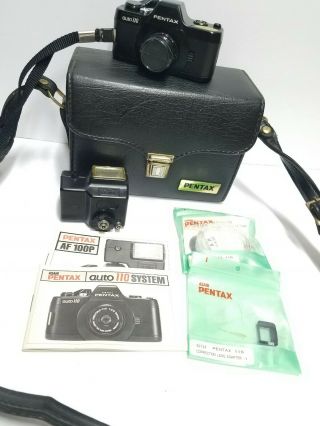 Pentax Auto 110 Film Camera W/ 24mm F/2.  8 Lens Case Manuals Af100p Flash Vintage