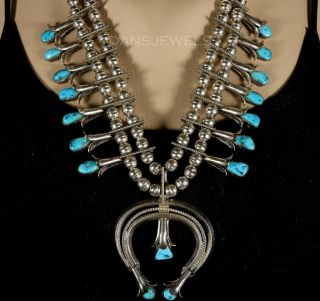 23 " Solid Old Pawn Vintage Navajo Sterling Turquoise Squash Blossom Necklace