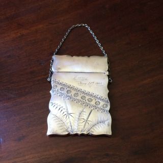 Antique 19c Etched Gorham Sterling Silver Ladies Calling Card Case W/ Chain