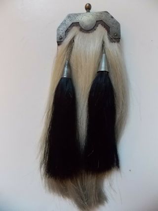 Antique Scottish Kilt Sporran White Horse Hair Leather Metal No Rsv Engraving
