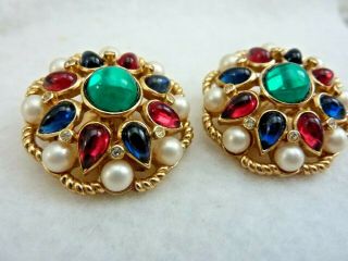 Vintage Crown Trifari Jewels Of India Moghul Rhinestone,  Glass,  Pearl Earrings