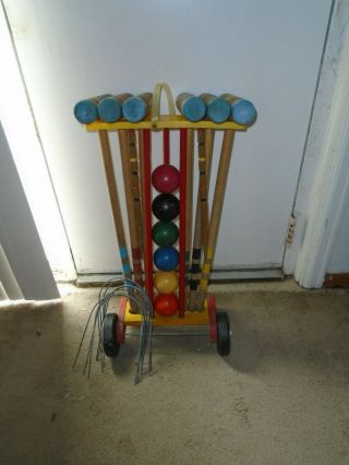 Vintage Wood Croquet Set Mallets Balls Wickets Stakes Cart
