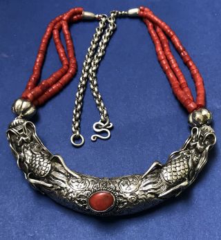 Vintage Chinese Rare Sterling Silver Double Dragon Coral Beads Necklace 19 "