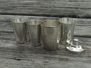 Vintage 97 Silver Nesting Sake Set With Japanese Etching Well Made 3.  75 Oz