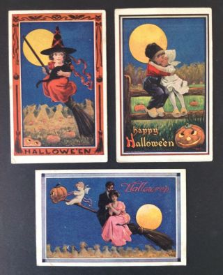 Vintage Halloween Postcards (3) Artist Signed Wall - Witch,  And Young (er) Loves