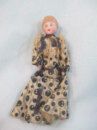 Antique German Bisque Head Dollhouse Doll Lady Moulded Hairdo Cloth Body 4.  5 "