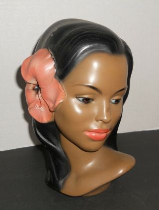 Vintage Marwal Polynesian Hawaiian Woman Bust Head W/hibiscus Flower 9.  5 " Tiki
