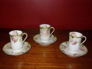 Vintage Limoges Haviland Ch Field Set Of 3 Tall Cups & Saucers - Rose & Gold