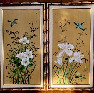 2 Vintage Oriental Oil Painting Canvas Hummingbird Hibiscus Framed Ingold Bamboo