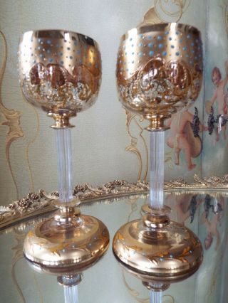 Vintage Pair Moser Art Glass Jeweled & Gold Gilt Wine Goblets Stems