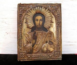 Antique Russian Orthodox Hand Painted Icon Jesus Gilt Riza 9x7 Late 19th Century