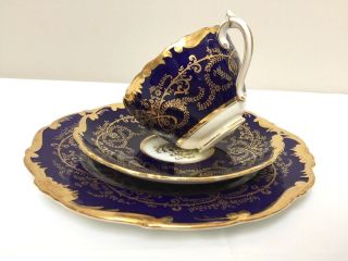 Vintage Coalport " Anniversary " Cup And Saucer Trio Cobalt Blue And Gold Garland