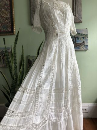 Antique Edwardian White Cotton Tea Dress Mixed Lace Inserts 1910s Bridal Wedding