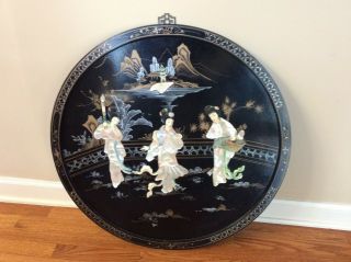 Asian Oriental Black Lacquer Mother Of Pearl Round Vintage Wall Hanging Frame Ge