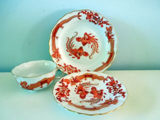 Antique Meissen Red Ming Dragon Cup Saucer Plate Trio Scalloped Gilded 320510 3