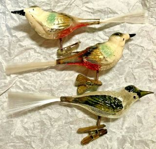 Antique Vintage 3 Pretty Song Birds On Clips Glass German Christmas Ornaments