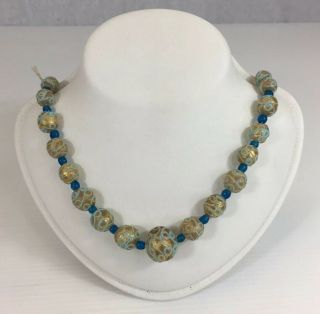 Vintage Murano Glass Bead Necklace Gold & Blue Colour String A/f 79cm Length