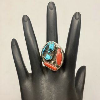 Vintage Coral And Turquoise,  Sterling Silver Ring,  Signed