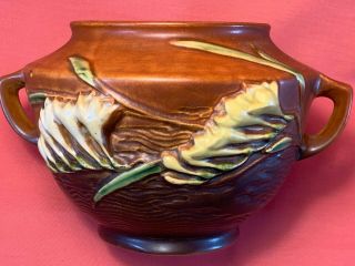 Vintage Roseville Freesia Double Handled Brown Bowl Vase 463 - 5