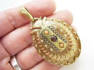 VERY LARGE ANTIQUE VICTORIAN GILT PINCHBECK LOCKET WITH NATURAL CORAL & GARNET 2